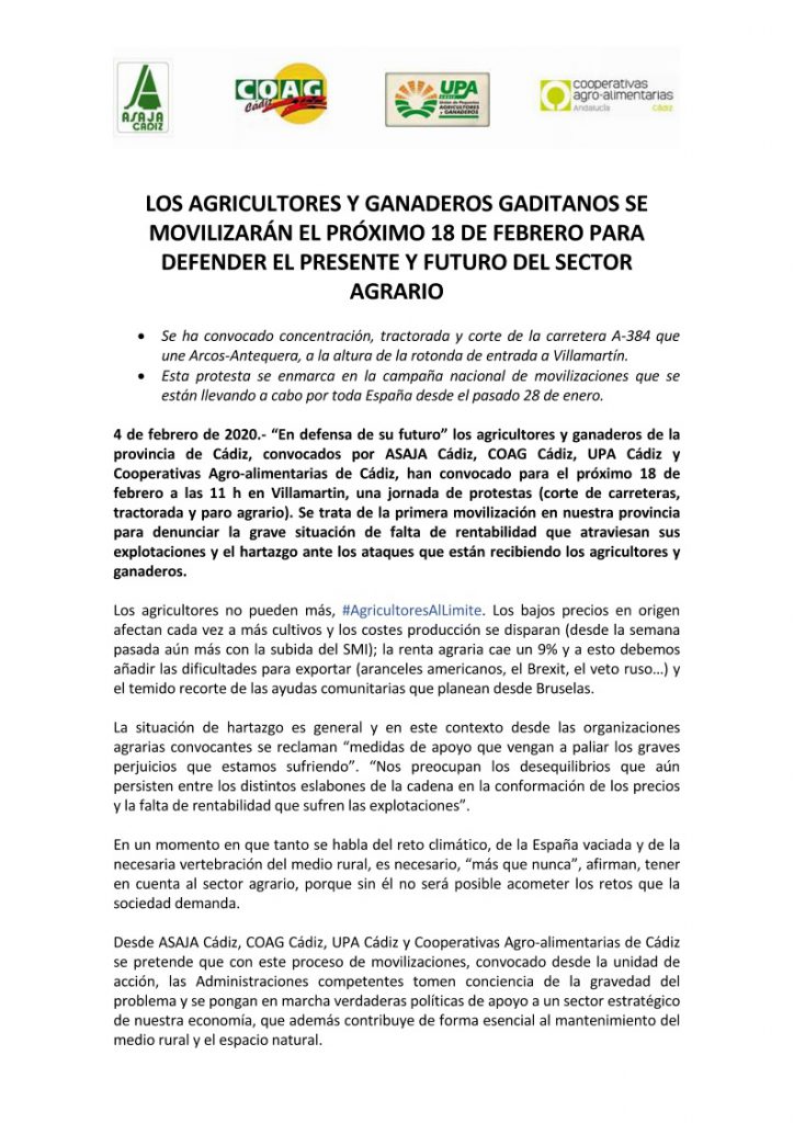 Imagen LOS AGRICULTORES Y GANADEROS GADITANOS SE MOVILIZARÁN EL PRÓXIMO 18 DE FEBRERO PARA DEFENDER EL PRESENTE Y FUTURO DEL SECTOR