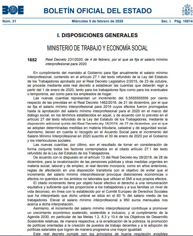 SALARIO MÍNIMO INTERPROFESIONAL (SMI) AÑO 2020