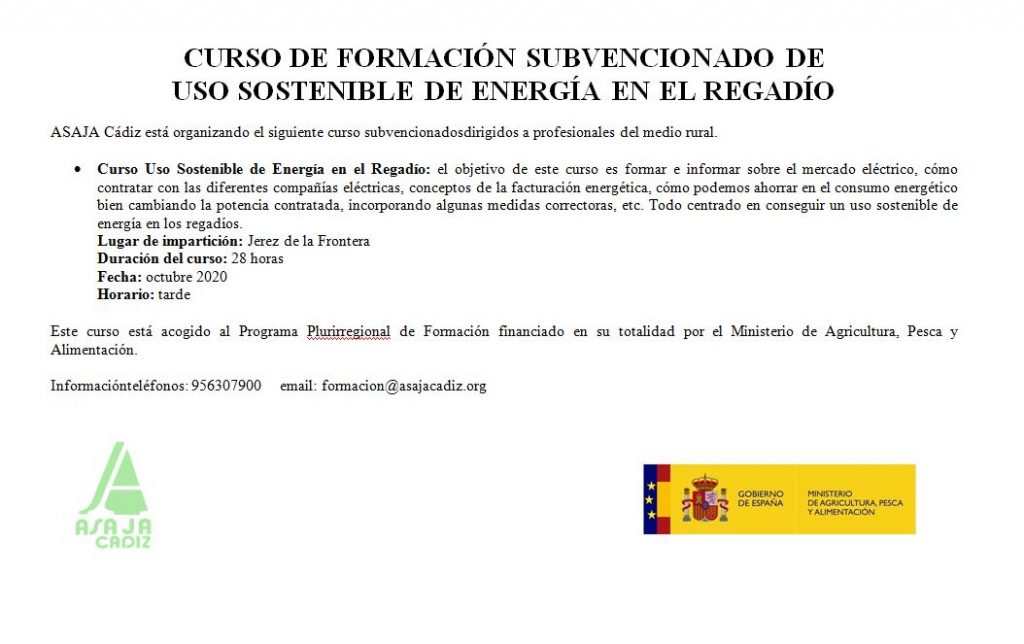 Imagen CURSO DE FORMACIÓN SUBVENCIONADO DE  USO SOSTENIBLE DE ENERGÍA EN EL REGADÍO