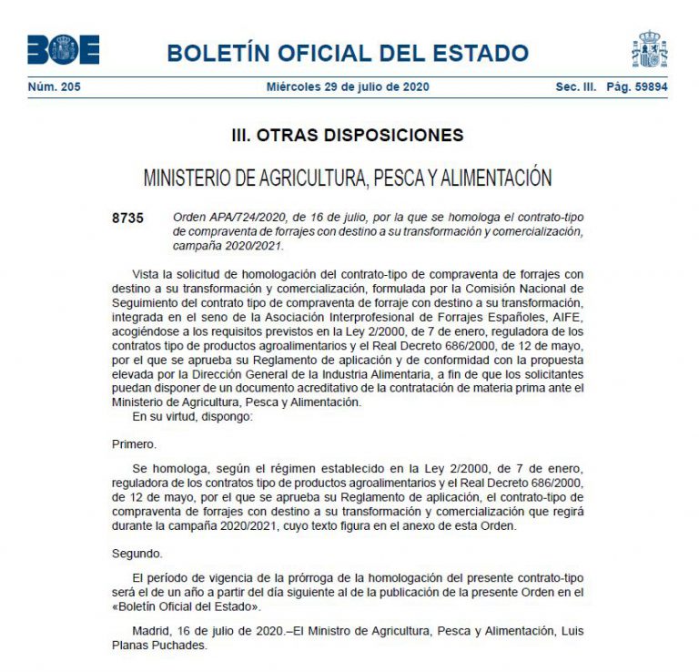 HOMOLOGACIÓN DEL CONTRATO-TIPO DE COMPRAVENTA DE FORRAJES DESTINO TRANSFORMACIÓN Y COMERCIALIZACIÓN PARA LA CAMPAÑA 2020/2021