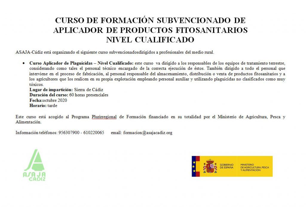 Imagen CURSO DE FORMACIÓN SUBVENCIONADO DE  APLICADOR DE PRODUCTOS FITOSANITARIOS NIVEL CUALIFICADO