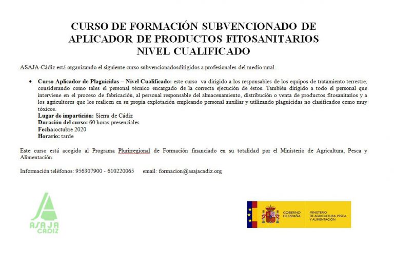 CURSO DE FORMACIÓN SUBVENCIONADO DE  APLICADOR DE PRODUCTOS FITOSANITARIOS NIVEL CUALIFICADO