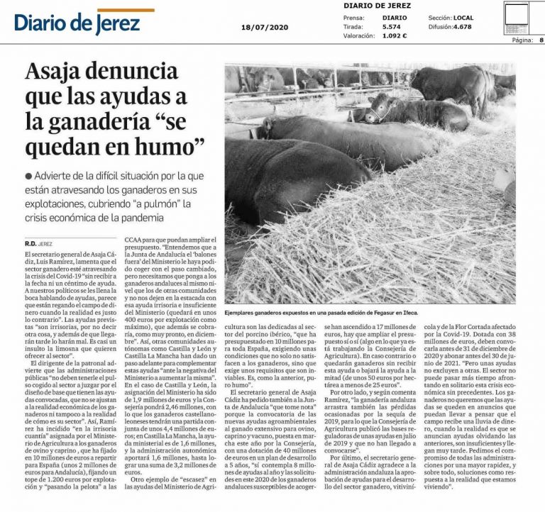 ASAJA-Cádiz denuncia que las ayudas a la ganadería “quedan en humo”