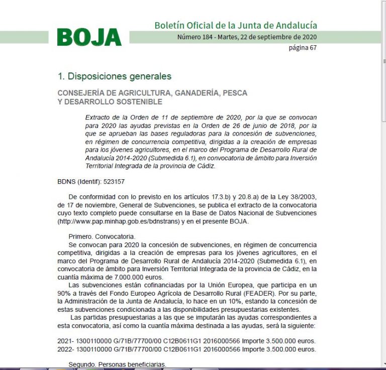 AMPLIACIÓN DEL PRESUPUESTO PARA LA CONVOCATORIA DE 2018 DE AYUDAS A LA CREACIÓN DE EMPRESAS PARA  JÓVENES AGRICULTORES