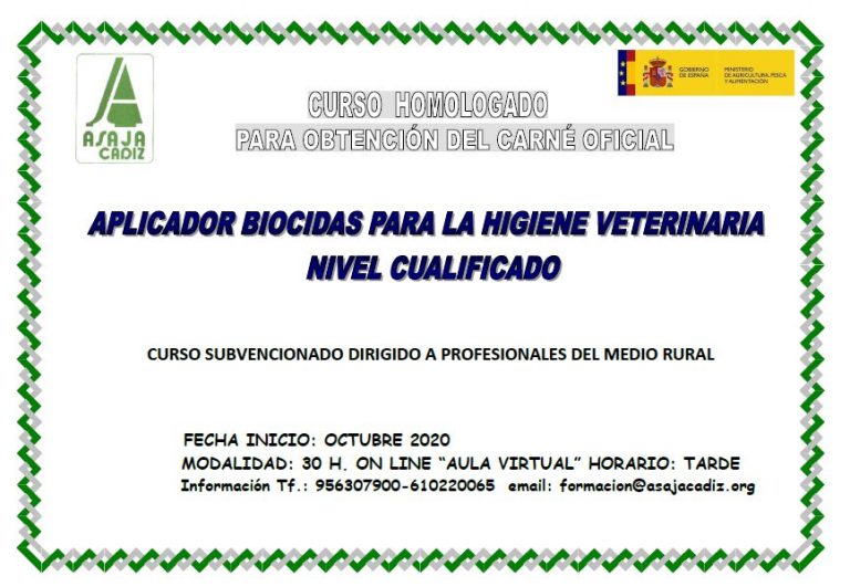 CURSO DE FORMACIÓN SUBVENCIONADO DE  APLICADOR DE BIOCIDAS PARA LA HIGIENE VETERINARIA NIVEL CUALIFICADO