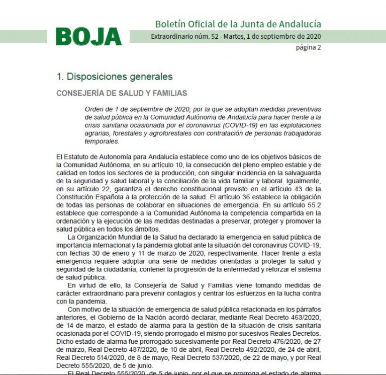 ORDEN DE 1 DE SEPTIEMBRE DE 2020 SOBRE TRABAJADORES TEMPORALES Y PREVENCIÓN DE COVID-19