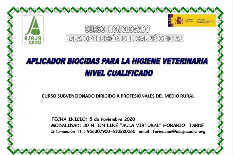 CURSO DE FORMACIÓN SUBVENCIONADO DE  APLICADOR DE BIOCIDAS PARA LA HIGIENE VETERINARIA NIVEL CUALIFICADO