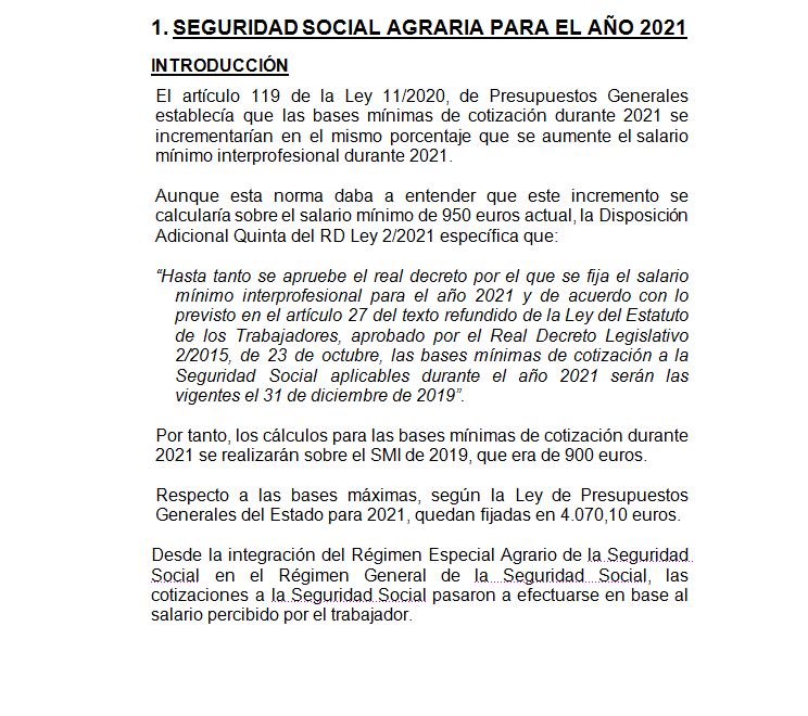 SEGURIDAD SOCIAL AGRARIA PARA EL AÑO 2021