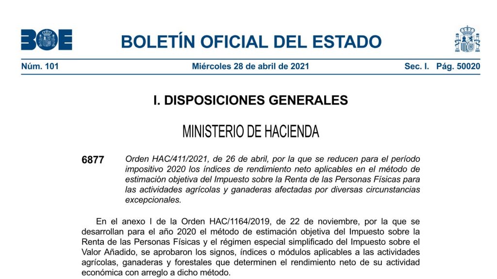 Imagen PUBLICADA LA ORDEN DE REDUCCIÓN DE MÓDULOS DEL IRPF DEL EJERCICIO 2020