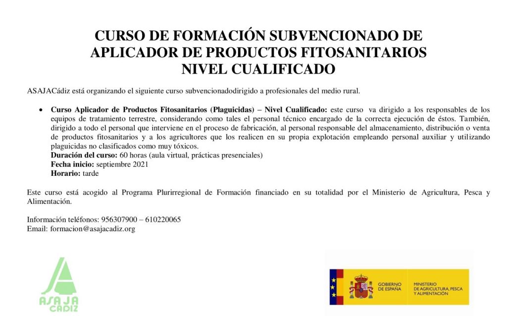 Imagen CURSO DE FORMACIÓN SUBVENCIONADO DE  APLICADOR DE PRODUCTOS FITOSANITARIOS NIVEL CUALIFICADO