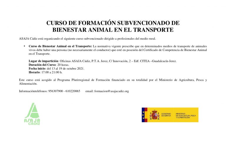 CURSO DE FORMACIÓN SUBVENCIONADO DE  BIENESTAR ANIMAL EN EL TRANSPORTE