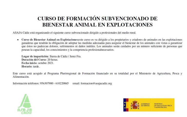 CURSO DE FORMACIÓN SUBVENCIONADO DE  BIENESTAR ANIMAL EN EXPLOTACIONES
