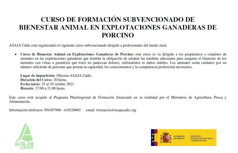 CURSO DE FORMACIÓN SUBVENCIONADO DE  BIENESTAR ANIMAL EN EXPLOTACIONES GANADERAS DE PORCINO