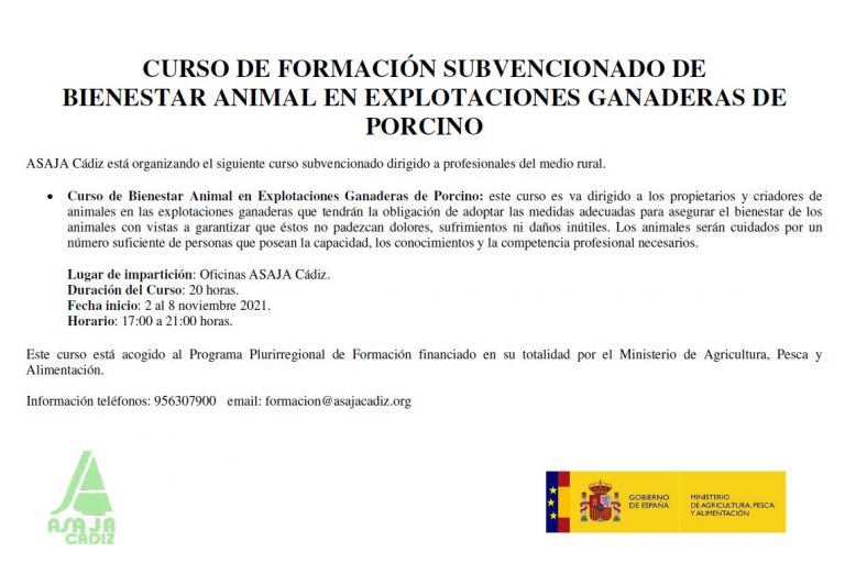 CURSO DE FORMACIÓN SUBVENCIONADO DE  BIENESTAR ANIMAL EN EXPLOTACIONES GANADERAS DE PORCINO