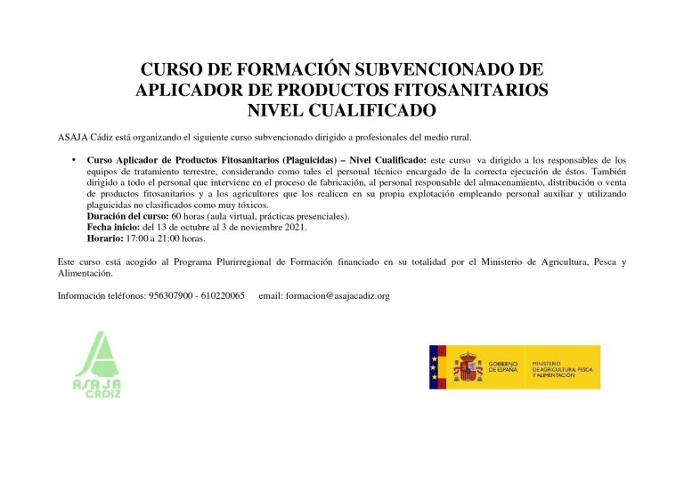 CURSO DE FORMACIÓN SUBVENCIONADO DE  APLICADOR DE PRODUCTOS FITOSANITARIOS NIVEL CUALIFICADO