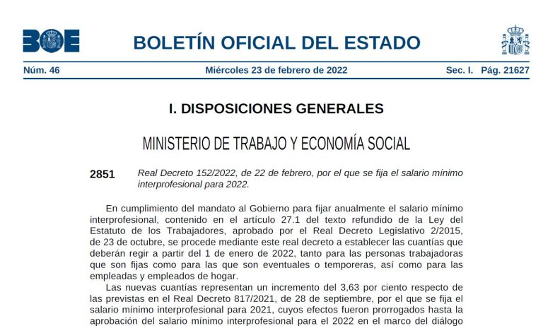 NOTA INFORMATIVA: SALARIO MÍNIMO INTERPROFESIONAL 2022