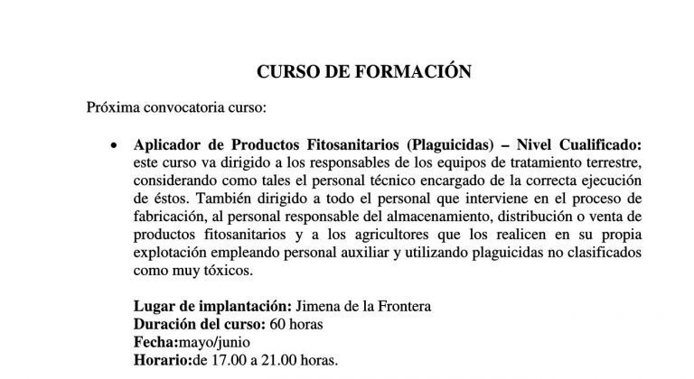 CURSO DE FORMACIÓN SUBVENCIONADO DE  APLICADOR DE PRODUCTOS FITOSANITARIOS NIVEL CUALIFICADO