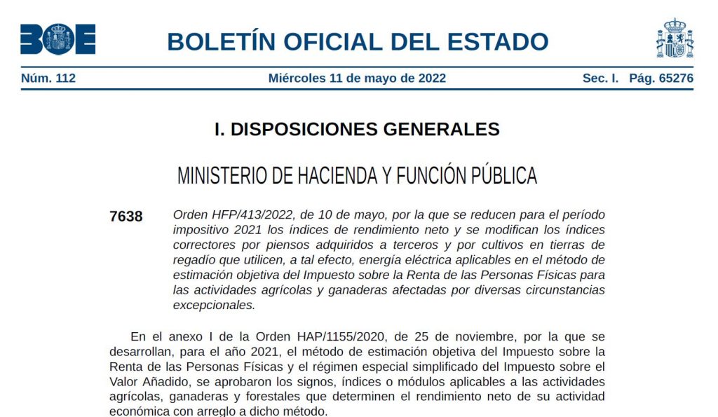 Imagen PUBLICADA LA ORDEN DE REDUCCIÓN DE MÓDULOS DEL IRPF DEL EJERCICIO 2021
