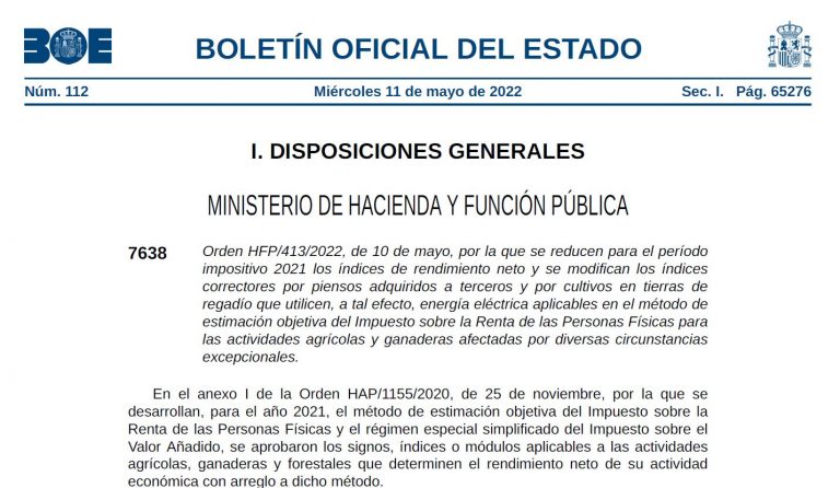 PUBLICADA LA ORDEN DE REDUCCIÓN DE MÓDULOS DEL IRPF DEL EJERCICIO 2021