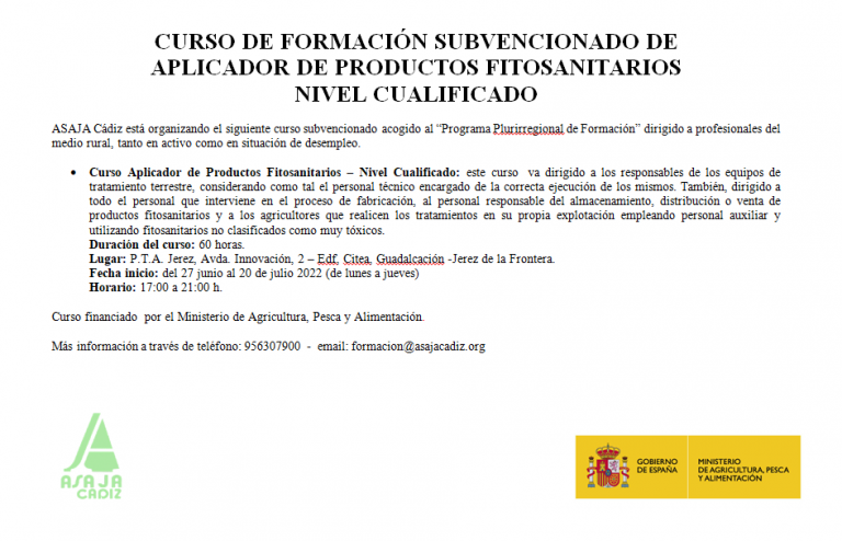 CURSO DE FORMACIÓN: APLICADOR DE PRODUCTOS FITOSANITARIOS NIVEL CUALIFICADO