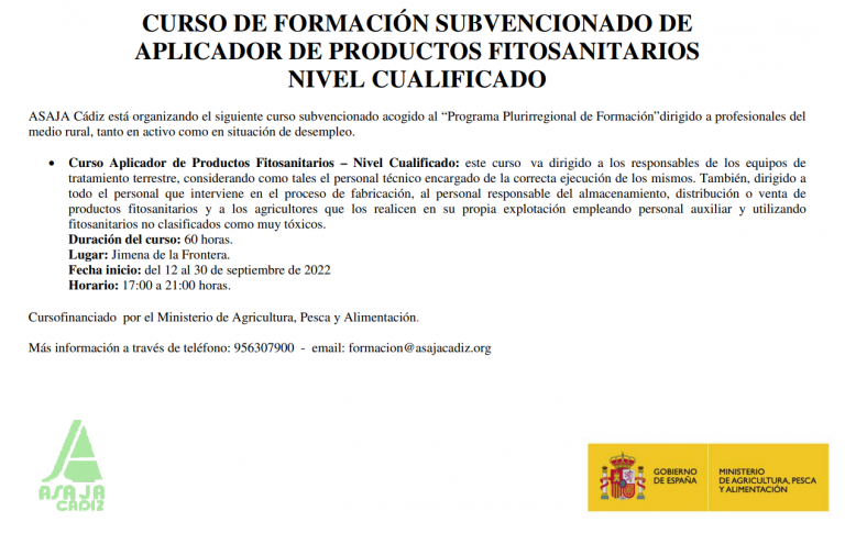 CURSO DE FORMACIÓN SUBVENCIONADO: APLICADOR DE PRODUCTOS FITOSANITARIOS NIVEL CUALIFICADO