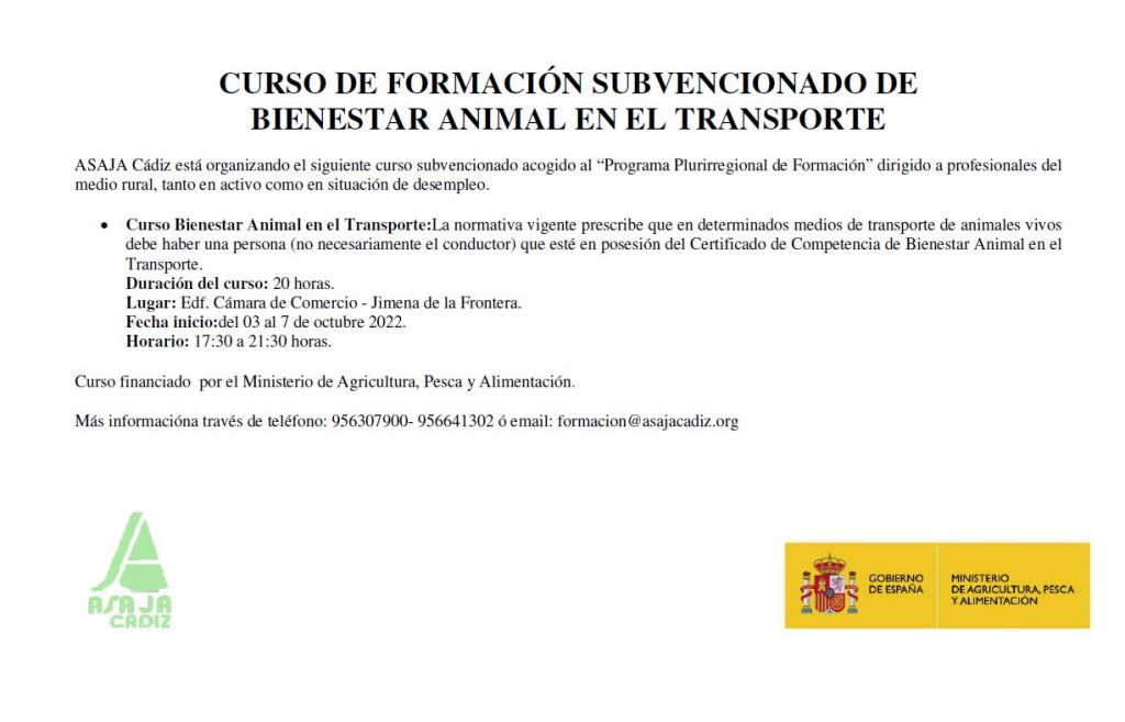 Imagen CURSO DE FORMACIÓN SUBVENCIONADO DE BIENESTAR ANIMAL EN EL TRANSPORTE – JIMENA DE LA FRONTERA