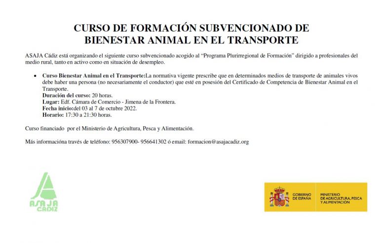 CURSO DE FORMACIÓN SUBVENCIONADO DE BIENESTAR ANIMAL EN EL TRANSPORTE – JIMENA DE LA FRONTERA
