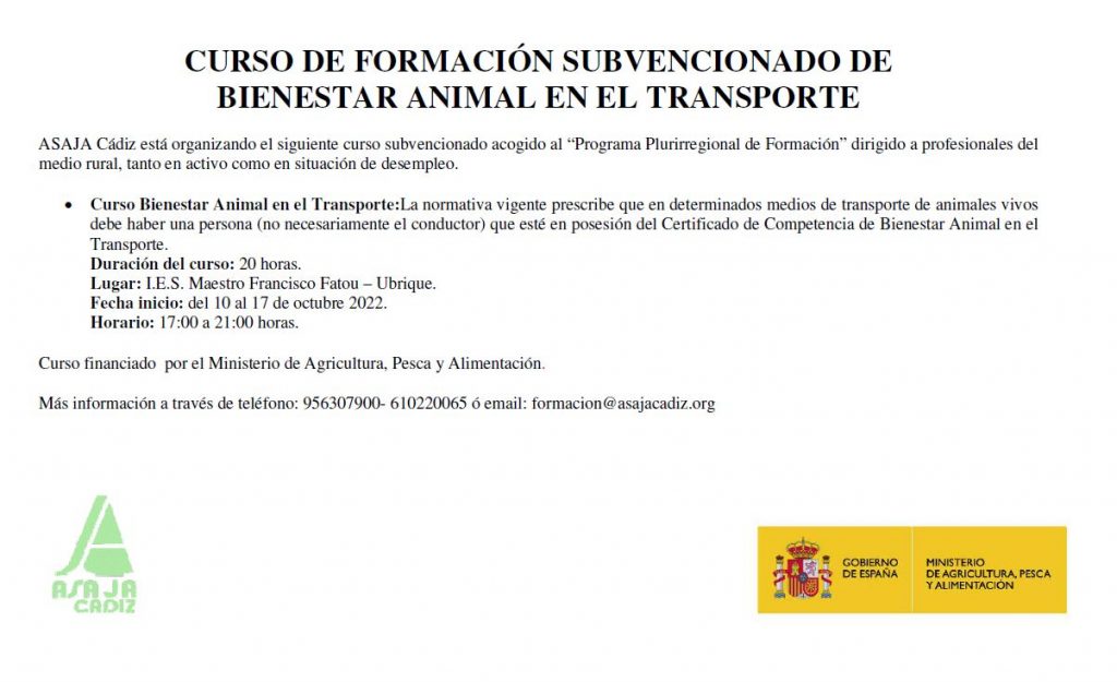 Imagen CURSO DE FORMACIÓN SUBVENCIONADO DE  BIENESTAR ANIMAL EN EL TRANSPORTE – UBRIQUE