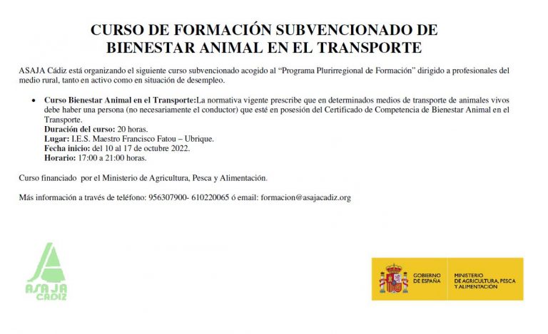 CURSO DE FORMACIÓN SUBVENCIONADO DE  BIENESTAR ANIMAL EN EL TRANSPORTE – UBRIQUE