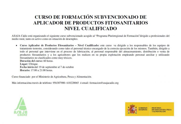 CURSO DE FORMACIÓN SUBVENCIONADO: APLICADOR DE PRODUCTOS FITOSANITARIOS NIVEL CUALIFICADO